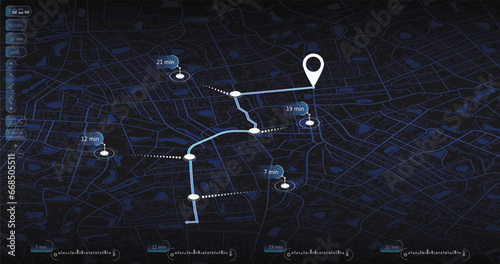 Dashboard with satellite, location and roadmap. Interface for navigation. Big data in modern city. Abstract city. Futuristic gps map navigator system, direction path, location tracks dashboard. Vector