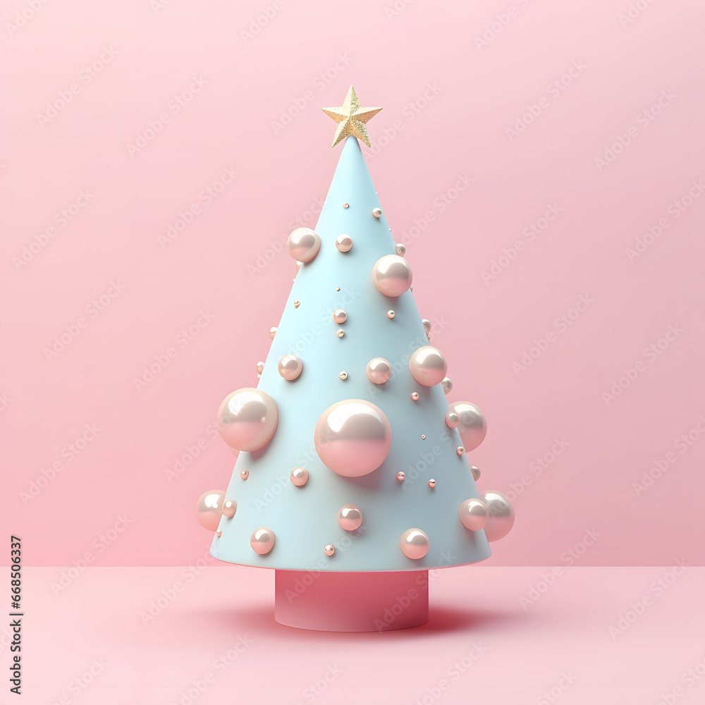 A festive Christmas light blue tree with pink balls, celebration decoration with pink background. Minimal concept. Generative ai A festive Christmas light blue tree with pink balls, celebration decoration with pink background. Minimal concept. Generative ai