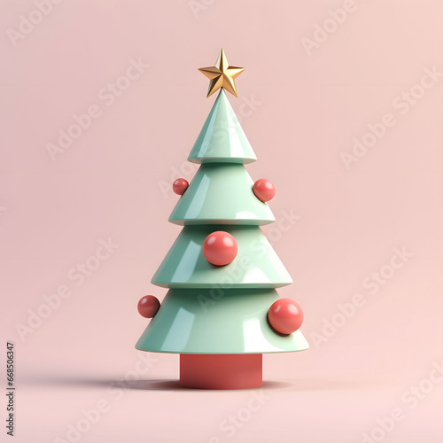 Plastic 3d christmas tree with red balls, pastel colors on pink background. generative ai