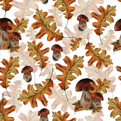 Watercolor bolete mushrooms and oak leaves autumn seamless pattern.