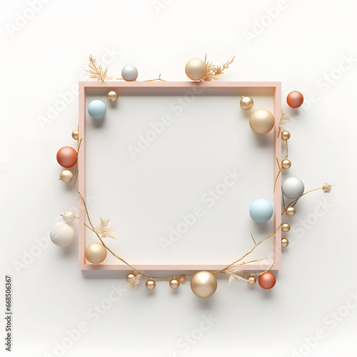 frame with ornaments, miniaml concept, branches and gold balls, square border, generative ai photo