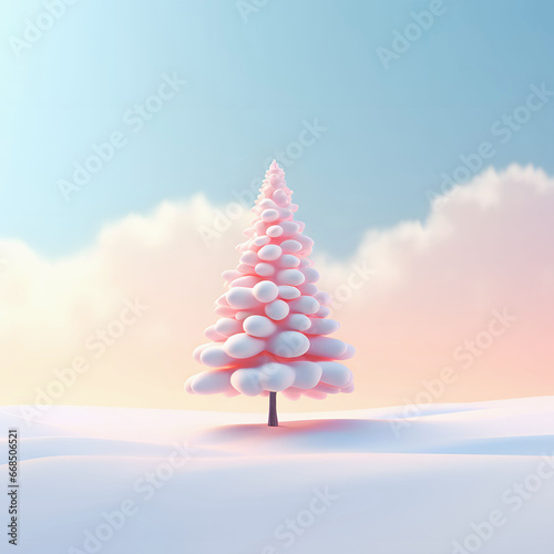 Little snowy tree in clouds, pastel colors, simple concept, generative ai