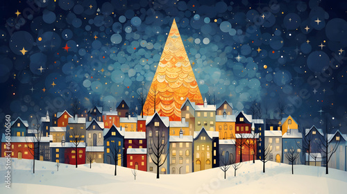 holiday night landscape illustration, snow and houses, christmas, generative ai