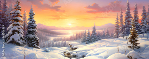 Winter landscape, beautiful scene, snow and golden sun, generative ai © kanina