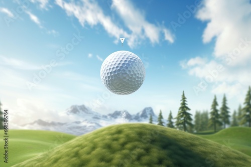 Close-up of flying golf ball over green field. Generative AI