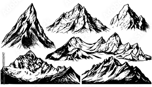 Sketch mountains vintage set. Hand drawn rocky peaks. Rocky range landscape shape. Hiking mountains peaks  hills and cliffs. Isolated contour vector set. Monochrome