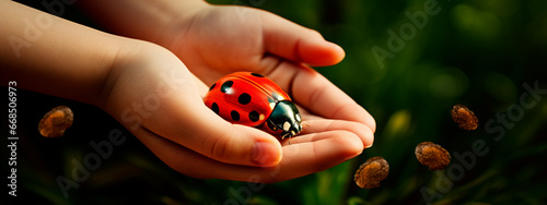 Ladybug in the hand of a child. Generative AI,
