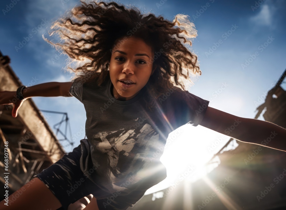 Obraz premium Black Female Parkour Skills Extreme Sports Background Generative AI