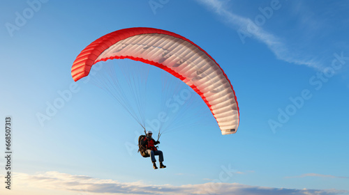 Flying with paramotor in the air on blue sky background
