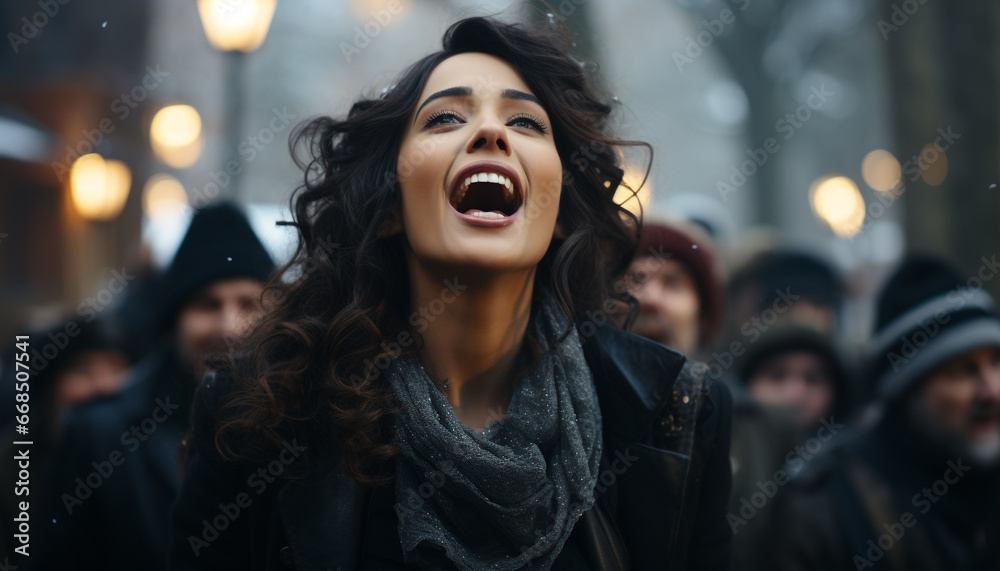 Young adults enjoying the winter night in the city, smiling generated by AI