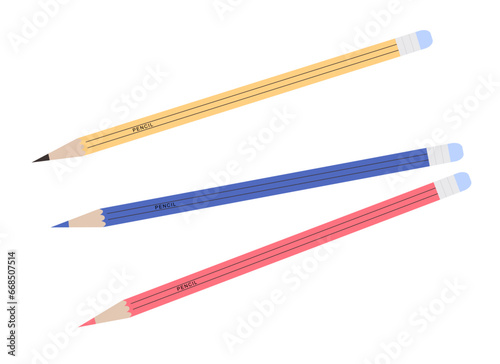 Three pencils with eraser, isolated on a white background. Design elements
