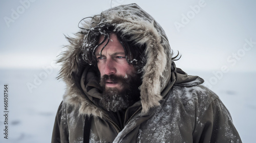 Portrait of good looking man in casual style is freezing on the cold standing in winter park during snow fall