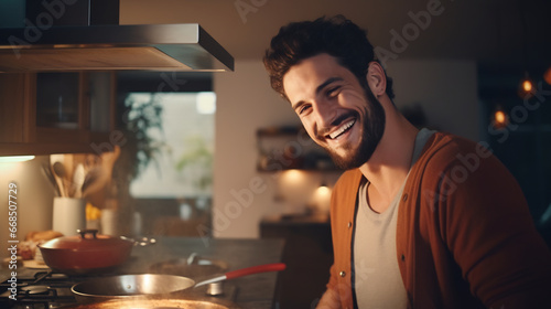 Attractive smiling young man on kitchen counter with vegetables preparing delicious food