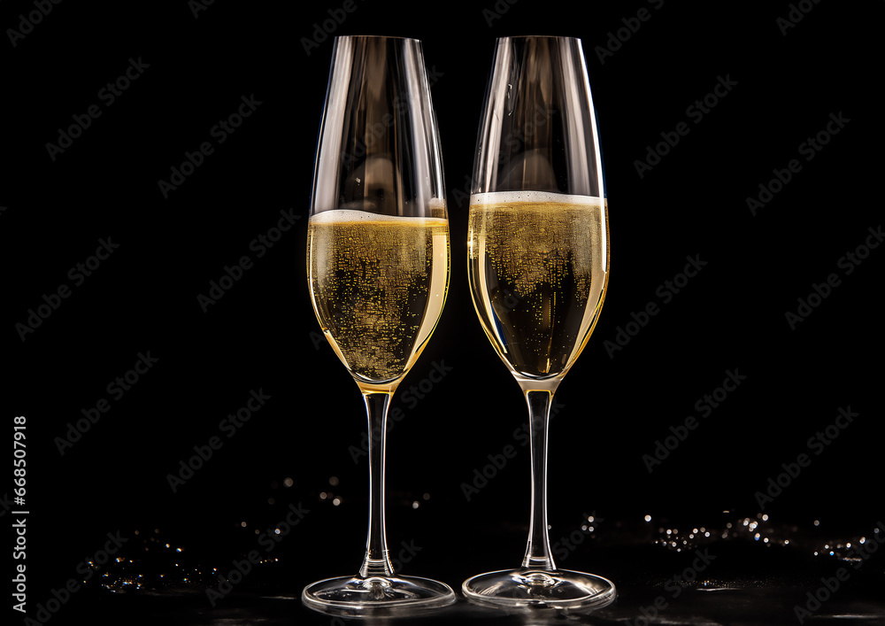 Champagne Glasses ready for a Toast. Festive and Happy New Year images. Ai generative. Champagne Glasses ready for a Toast. Festive and Happy New Year images. Ai generative.