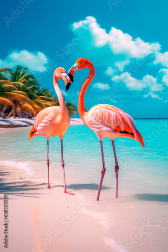 Flamingo on the seashore. Generative AI,
