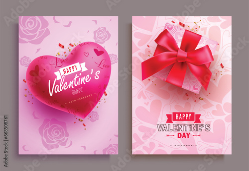 Happy valentine's day text vector poster set. Valentine's day greeting, invitation and dedication card collection with heart and gift box decoration elements. Vector illustration hearts day invitation