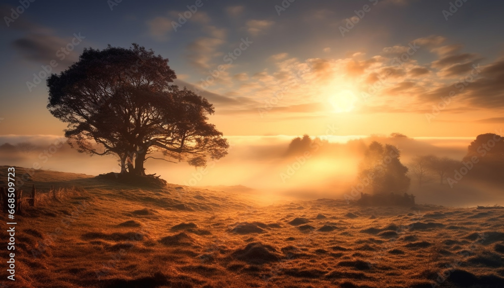 Fototapeta premium Sunset over the tranquil meadow, reflecting in the calm water generated by AI