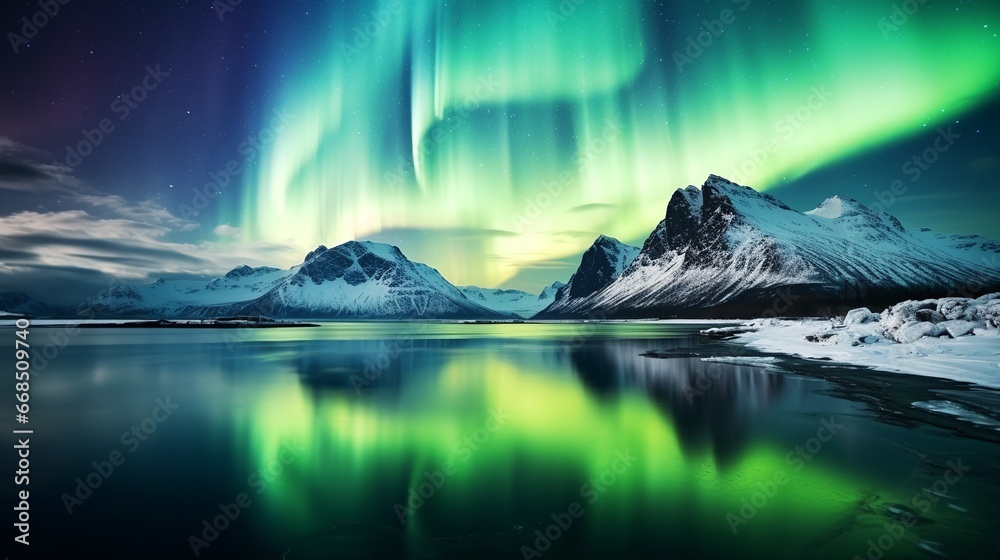 Stunning aurora borealis over snow covered mountains