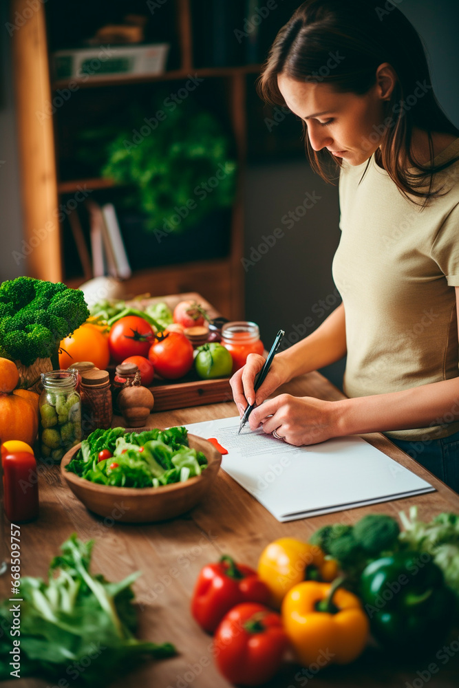 A woman makes a meal plan for weight loss. Generative AI, A woman makes a meal plan for weight loss. Generative AI,