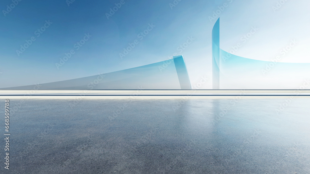 3d render of abstract futuristic architecture with empty concrete floor. Scene for car presentation. - obrazy, fototapety, plakaty 