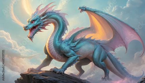 Fantasy illustration of ancient dragon creature in pastel colors digital art style background © Roman