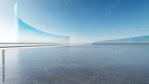 3d render of abstract futuristic architecture with empty concrete floor. Scene for car presentation. photo