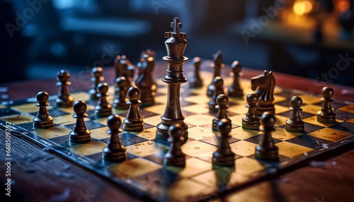 Chess board battle King success, knight intelligence, rook leadership generated by AI