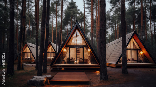 a-frame house in nature, glamping, hotel, recreation center, modern architecture, stylish building, guest house, villa, triangular, pyramidal, glass, garden, wood photo
