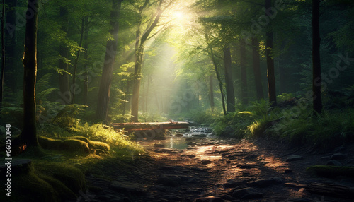 Tranquil forest path reveals mysterious beauty in nature green generated by AI © Stockgiu