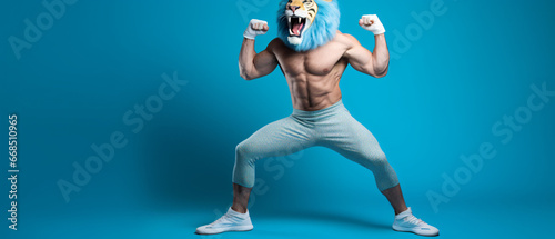 Full length photo of weird crazy guy in lion mask