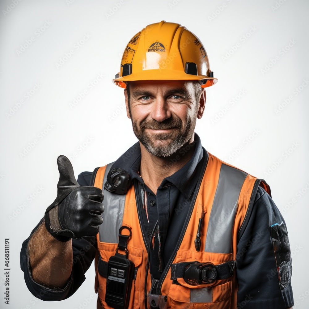 Construction worker showing thumb up Isolated on white background Construction worker showing thumb up Isolated on white background