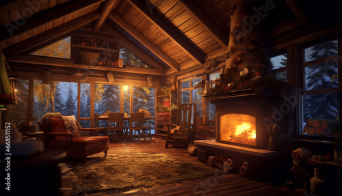 Cozy winter night, illuminated by burning fireplace and Christmas tree generated by AI