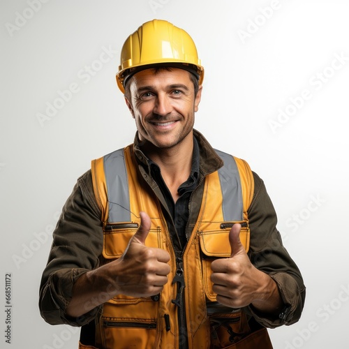 Construction worker showing thumb up Isolated on white background