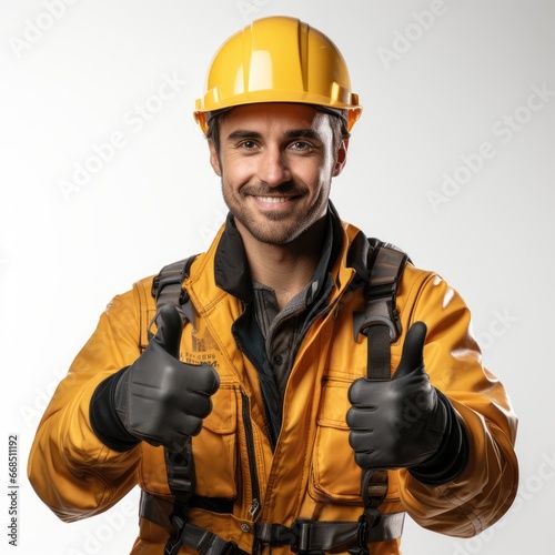 Construction worker showing thumb up Isolated on white background