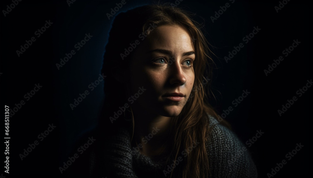 Young adult woman, portrait, looking at camera, beauty, sensuality generated by AI Young adult woman, portrait, looking at camera, beauty, sensuality generated by AI