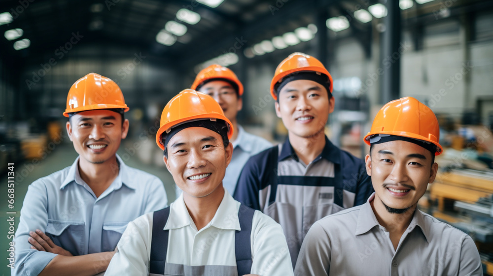Portrait group of diverse industry asian worker working in factory warehouse.
Portrait group of diverse industry asian worker working in factory warehouse.