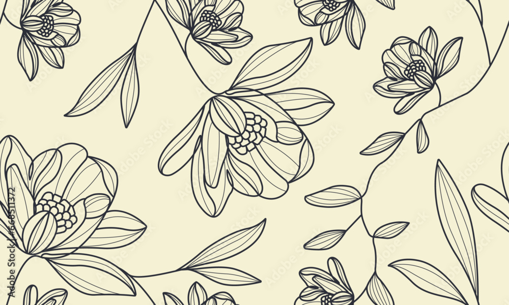 Fototapeta premium Hand Drawn Floral Seamless Pattern with Flowers and Leaves in Linear Style. Botanical Minimal Abstract Pattern. Trendy Contemporary Print with Flowers. Vector Fashionable Repeat Template for Design.