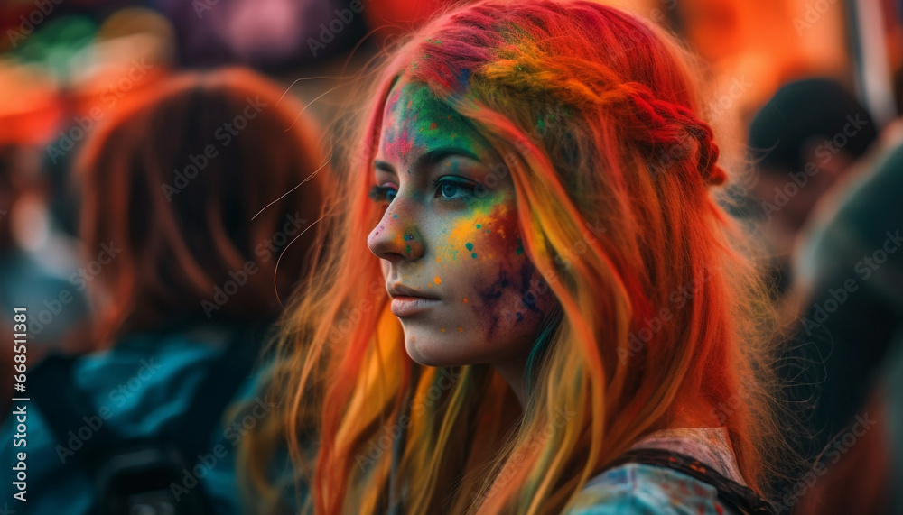A young adult woman, smiling and celebrating with colorful paint generated by AI