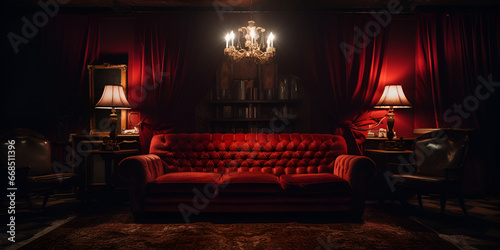sofa and lights in room,Red indoor interior night club vip luxury design decoration. Part drink bar restaurant night club night lifestyle.