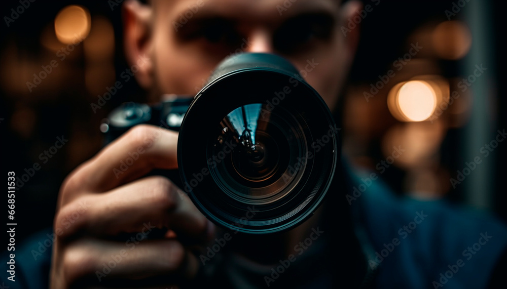 Young adult man, holding camera, photographing outdoors, focusing on foreground generated by AI