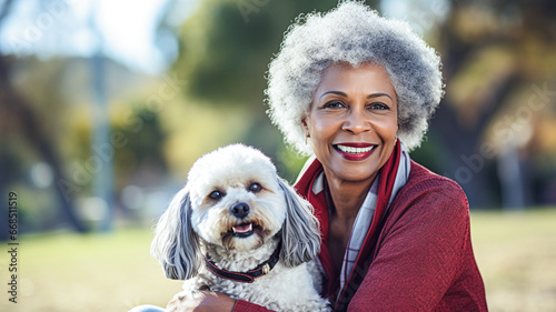 A senior african american woman playfully holding her dog in park. Love for animals concept.

 photo