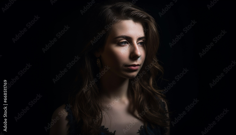 Young woman with long brown hair looking at camera sensually generated by AI