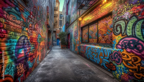 Vibrant city life illuminates modern architecture in a graffiti filled night generated by AI