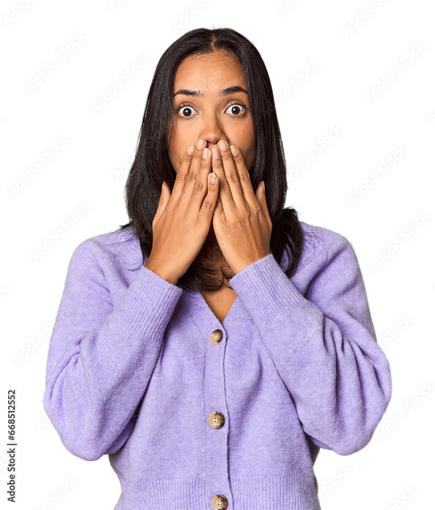 Young Filipina with long black hair in studio shocked, covering mouth with hands, anxious to discover something new. Young Filipina with long black hair in studio shocked, covering mouth with hands, anxious to discover something new.