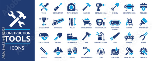 Construction tools icon set. Containing screwdriver, hammer, drill, shovel, concrete mixer, paintbrush, wrench, saw, pliers and more. Solid icons collection, vector illustration.