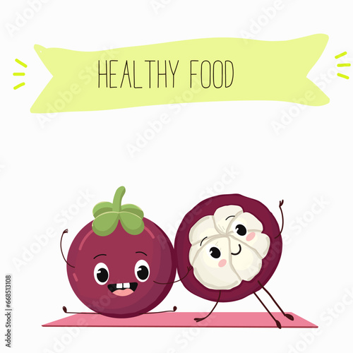 Vector cartoon character mangosteen, funny vegetables, fruits. Fresh harvest, exotic, organic, vegetarian products, children's birthday, price tag, sticker.