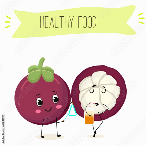 Vector cartoon character mangosteen, funny vegetables, fruits. Fresh harvest, exotic, organic, vegetarian products, children's birthday, price tag, sticker.