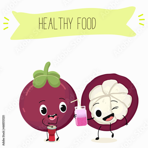 Vector cartoon character mangosteen, funny vegetables, fruits. Fresh harvest, exotic, organic, vegetarian products, children's birthday, price tag, sticker.