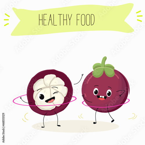 Vector cartoon character mangosteen, funny vegetables, fruits. Fresh harvest, exotic, organic, vegetarian products, children's birthday, price tag, sticker.