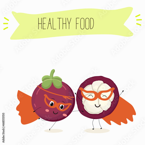 Vector cartoon character mangosteen, funny vegetables, fruits. Fresh harvest, exotic, organic, vegetarian products, children's birthday, price tag, sticker.